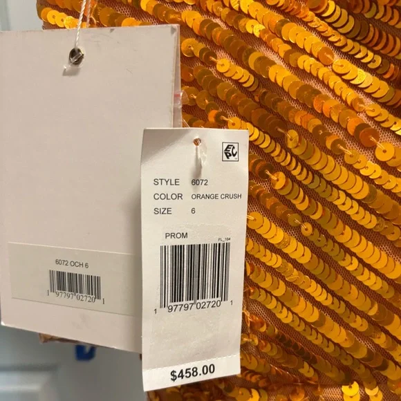 NWT Mac Duggal One Shoulder Mesh Sequin Gown w/Slit in Orange Crush Size 6 - Picture 7 of 8